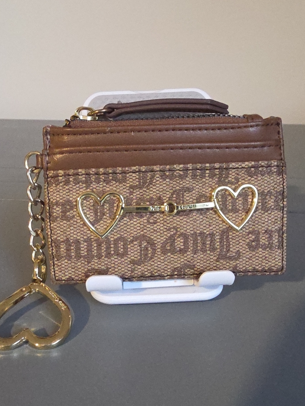 JUICY COUTURE Brown Monogrammed Card Holder With Key Ring